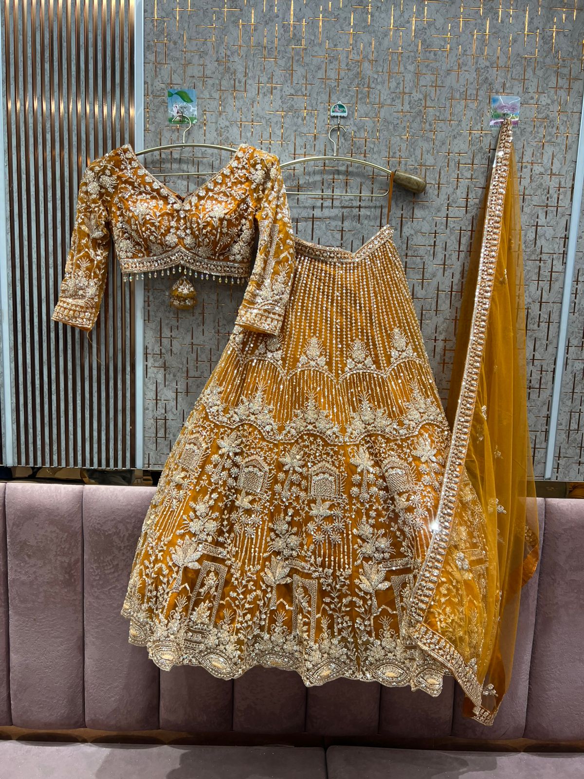 Delightful golden peach Crop top Lehenga