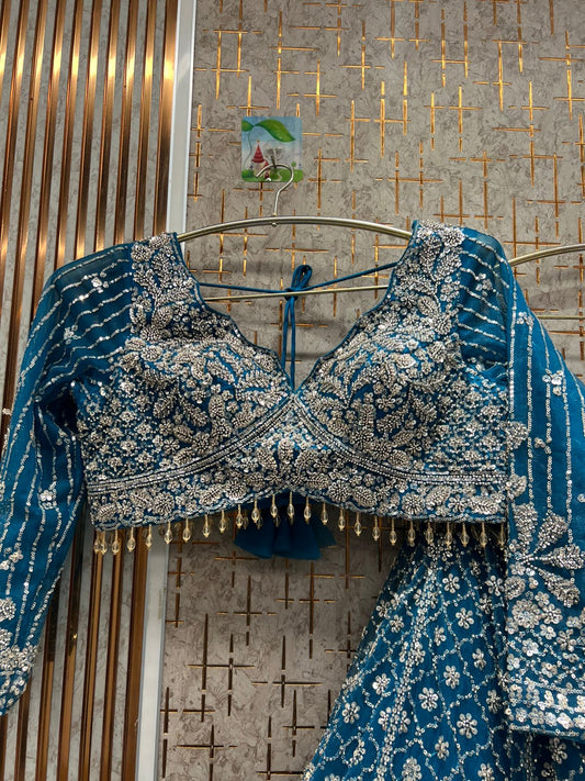 Lavishing Sky blue Floral Crop top Lehenga