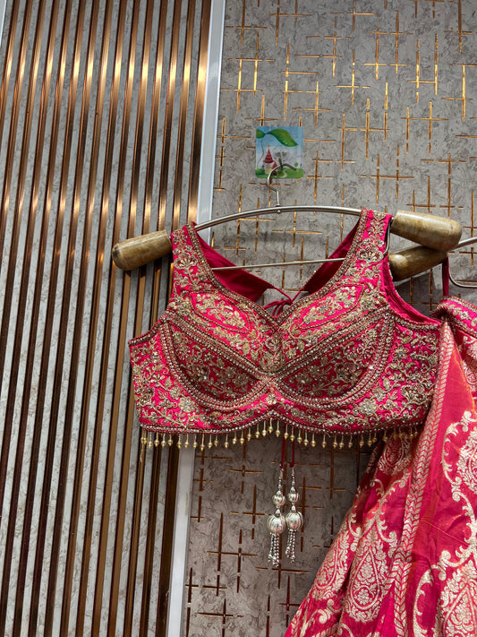 Stunning Hot pink Banarasi Crop top Lehenga