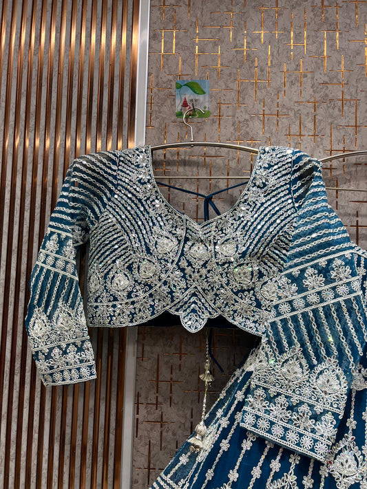 Designer Sky blue Crop top Lehenga