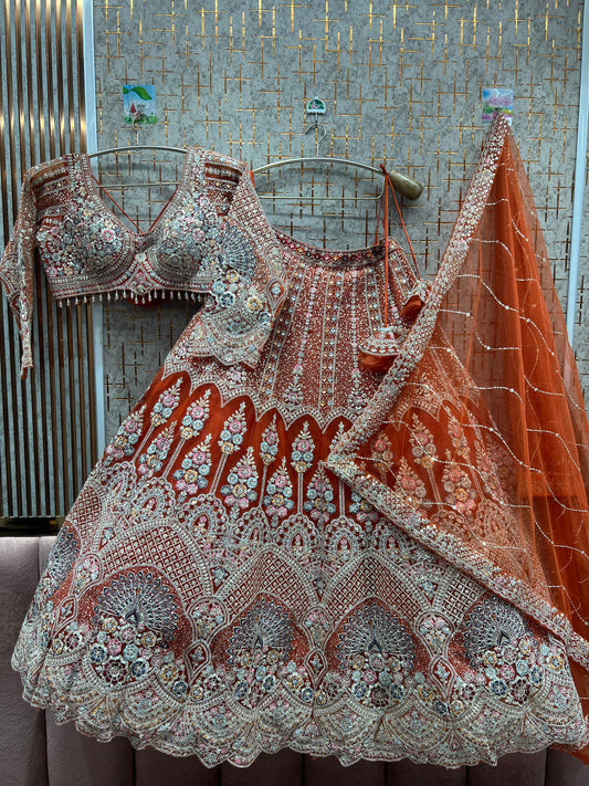 Lavishing orange peacock Crop top Lehenga