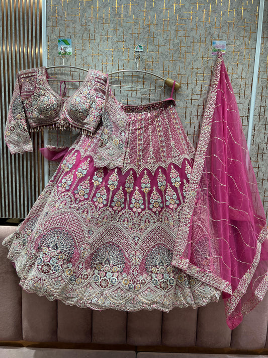 Pleasing pink peacock Crop top Lehenga