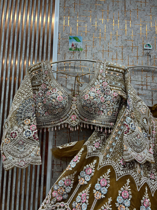 Khoobsurat mustard peacock Crop top Lehenga