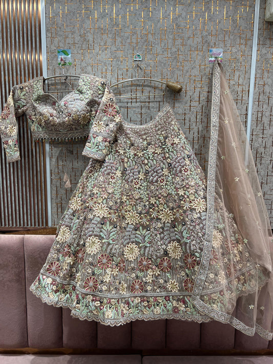 Designer peach Flower Crop top Lehenga