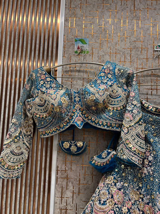 Delightful Sky blue peacock Crop top Lehenga