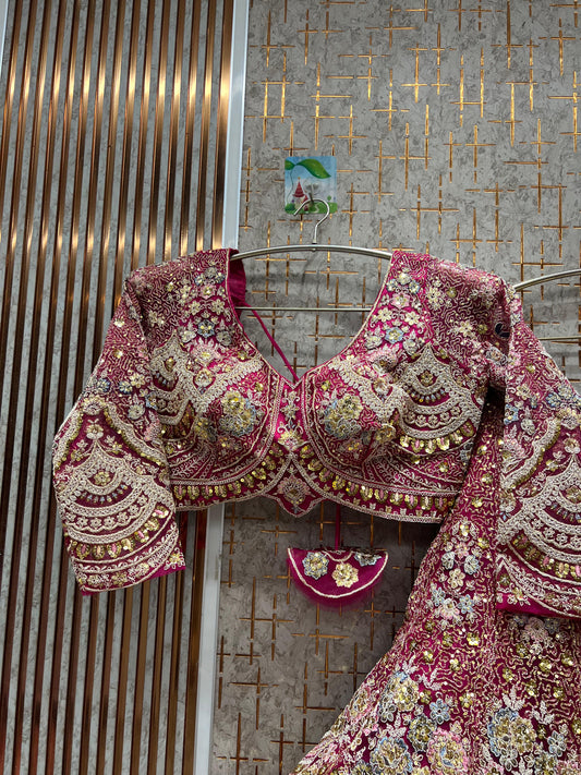 Embellished pink peacock Crop top Lehenga
