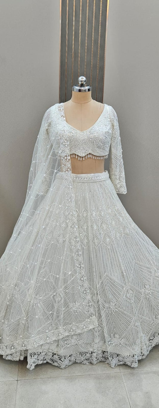Stunning White Sequins Crop top Lehenga