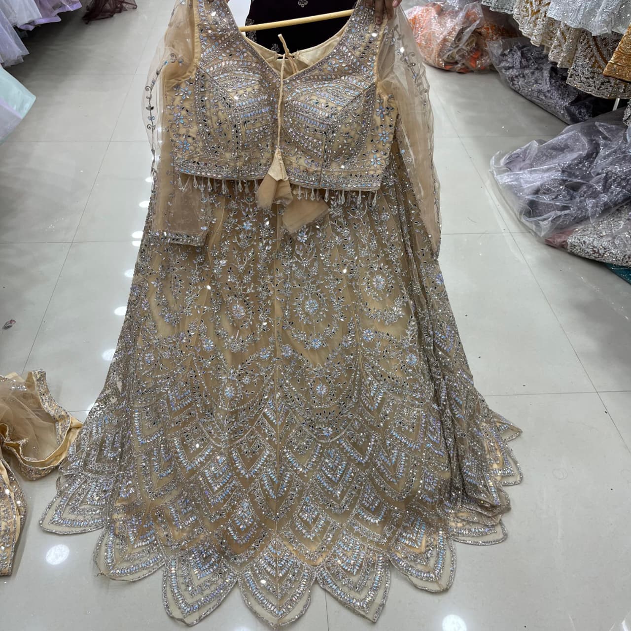 Astonishing golden cut work Crop top Lehenga