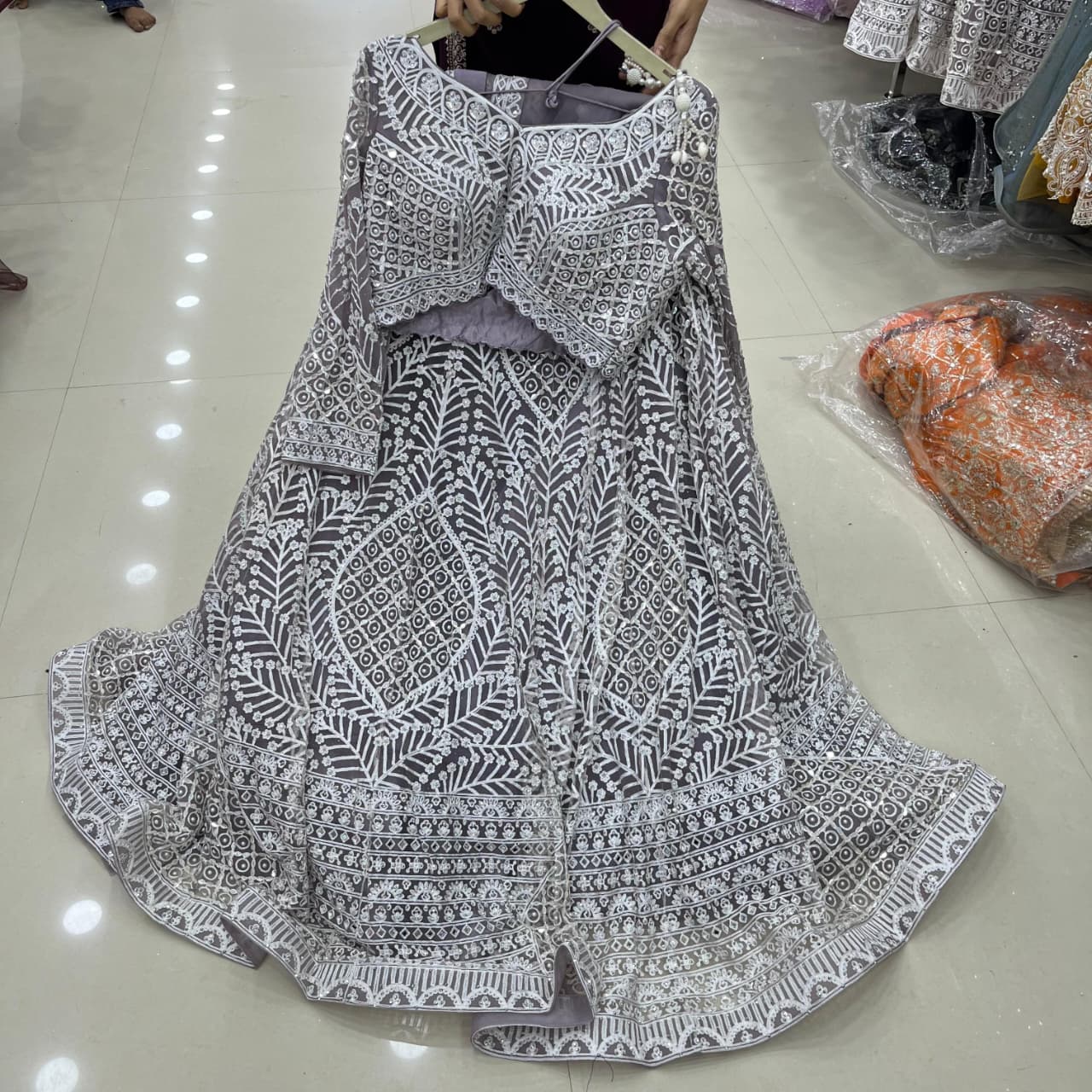 Designer Grey onion lavender Crop top Lehenga