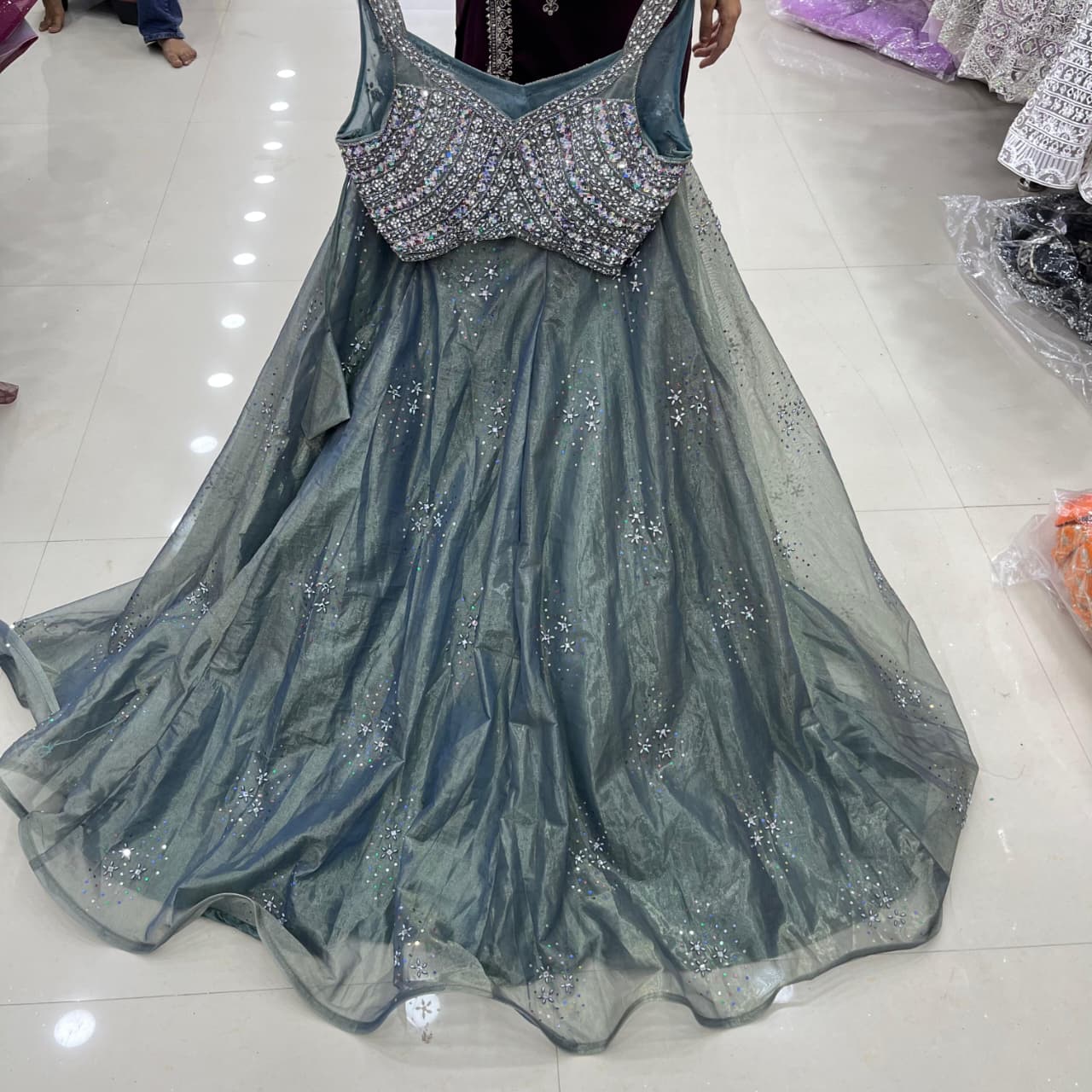 Lovely Teal Grey Crop top Lehenga