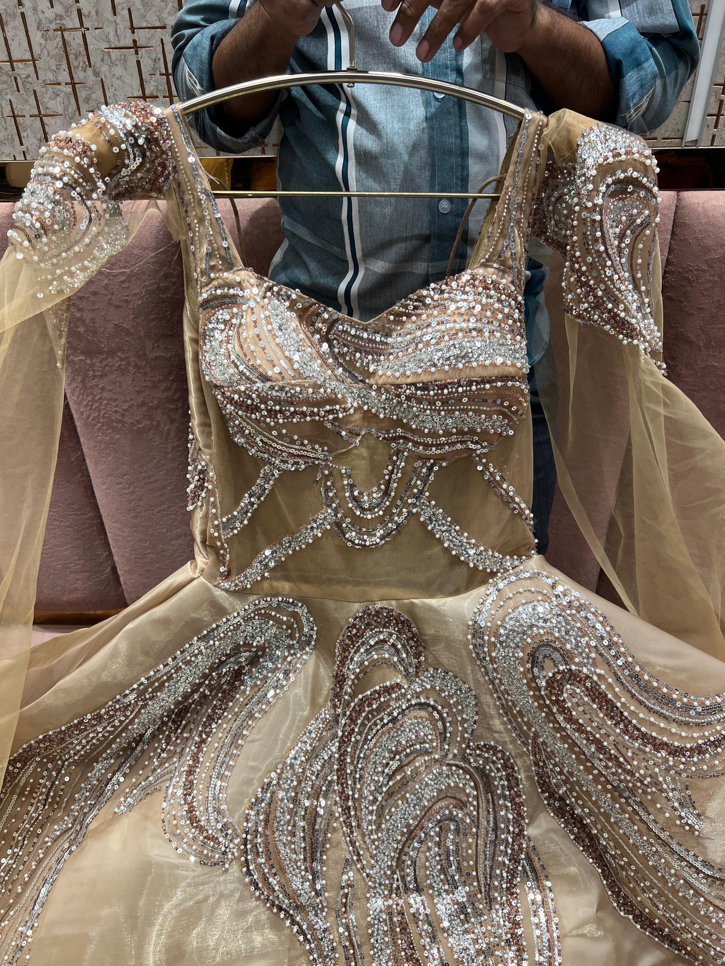 Engaging Sky blue pearl Sequins gown