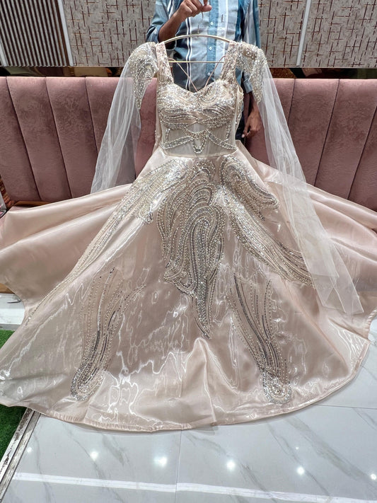 Latest Trendy peach pearl Sequins gown