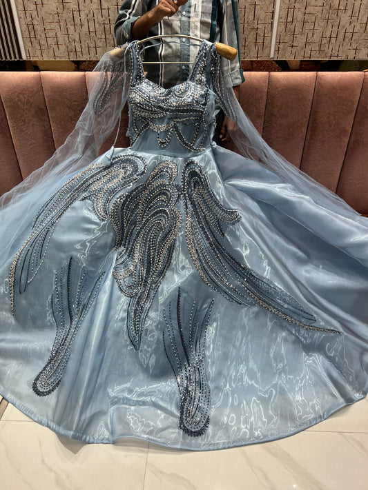 Engaging Sky blue pearl Sequins gown