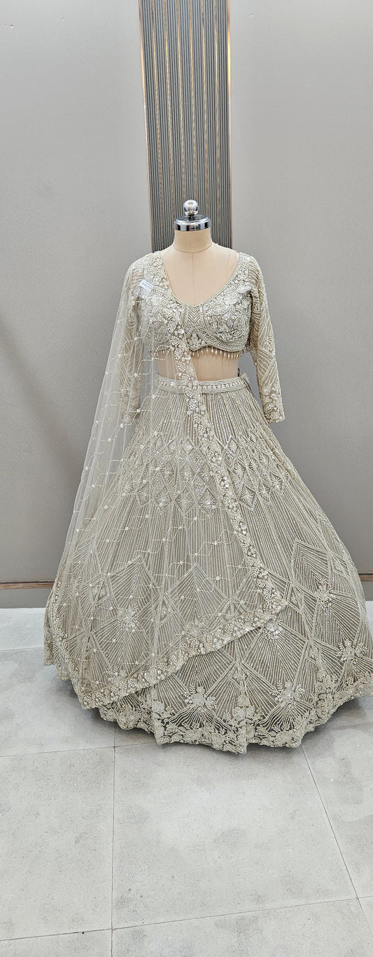 Good looking Silver Beige Sequins Crop top Lehenga