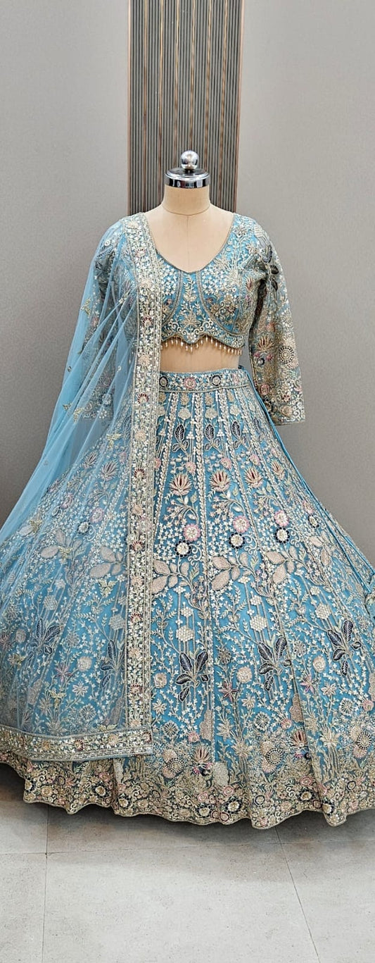 Lavishing Sky blue Floral Crop top Lehenga