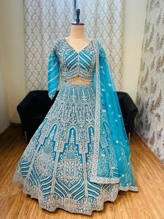 Majestic Sky blue Crop top Lehenga