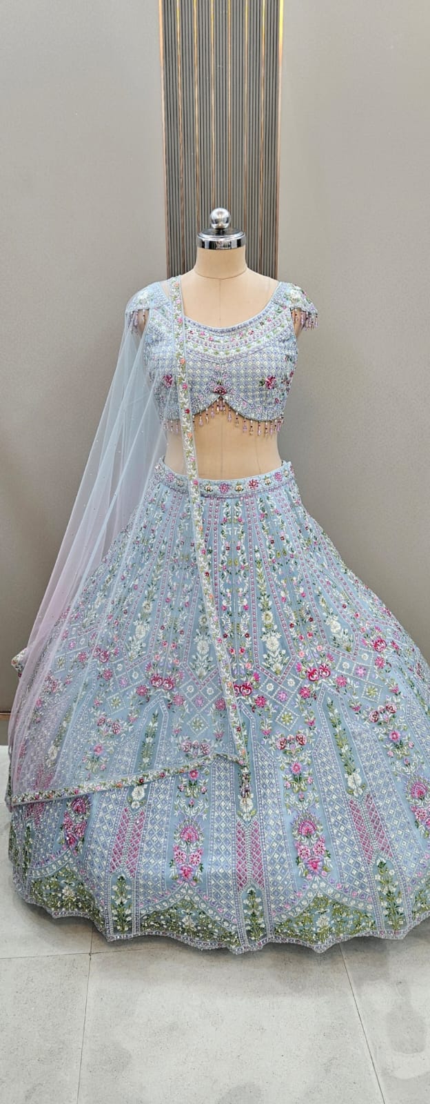 Amazing Peach Floral Green Crop top Lehengam