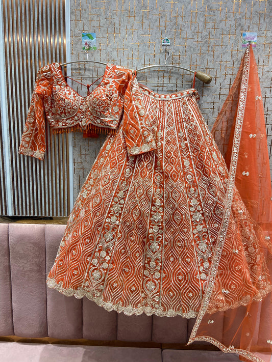 Embellished orange Crop top Lehenga