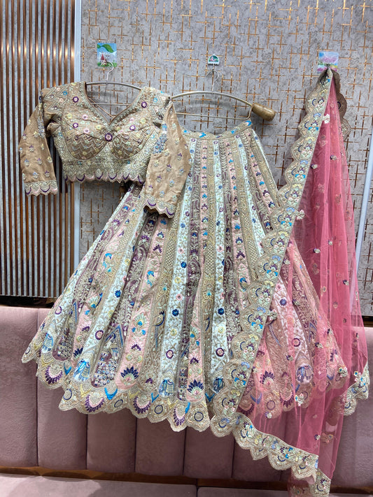 Fabulous White pink mustard Multicolour peacock Crop top Lehenga