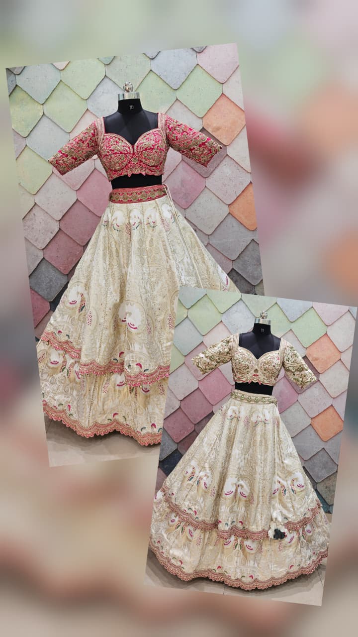 Lavishing Golden pink peacock Crop top Lehenga