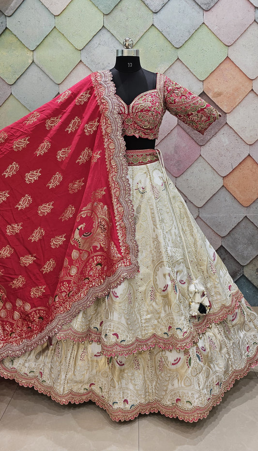 Lavishing Golden pink peacock Crop top Lehenga