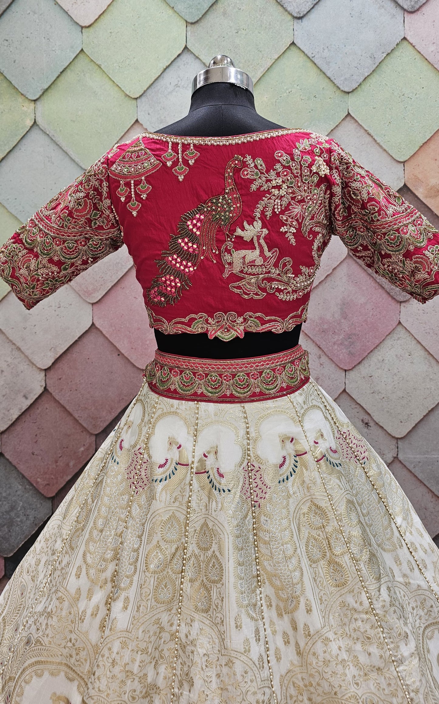 Pleasing White peacock Crop top Lehenga