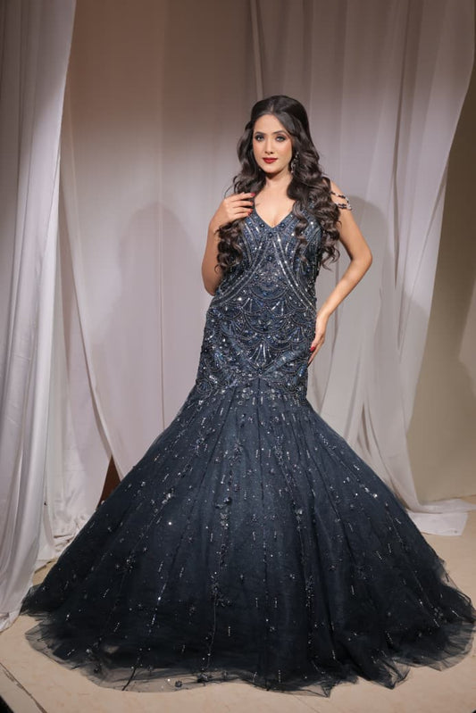 Majestic blue handwork Fish cut Sequins Gown