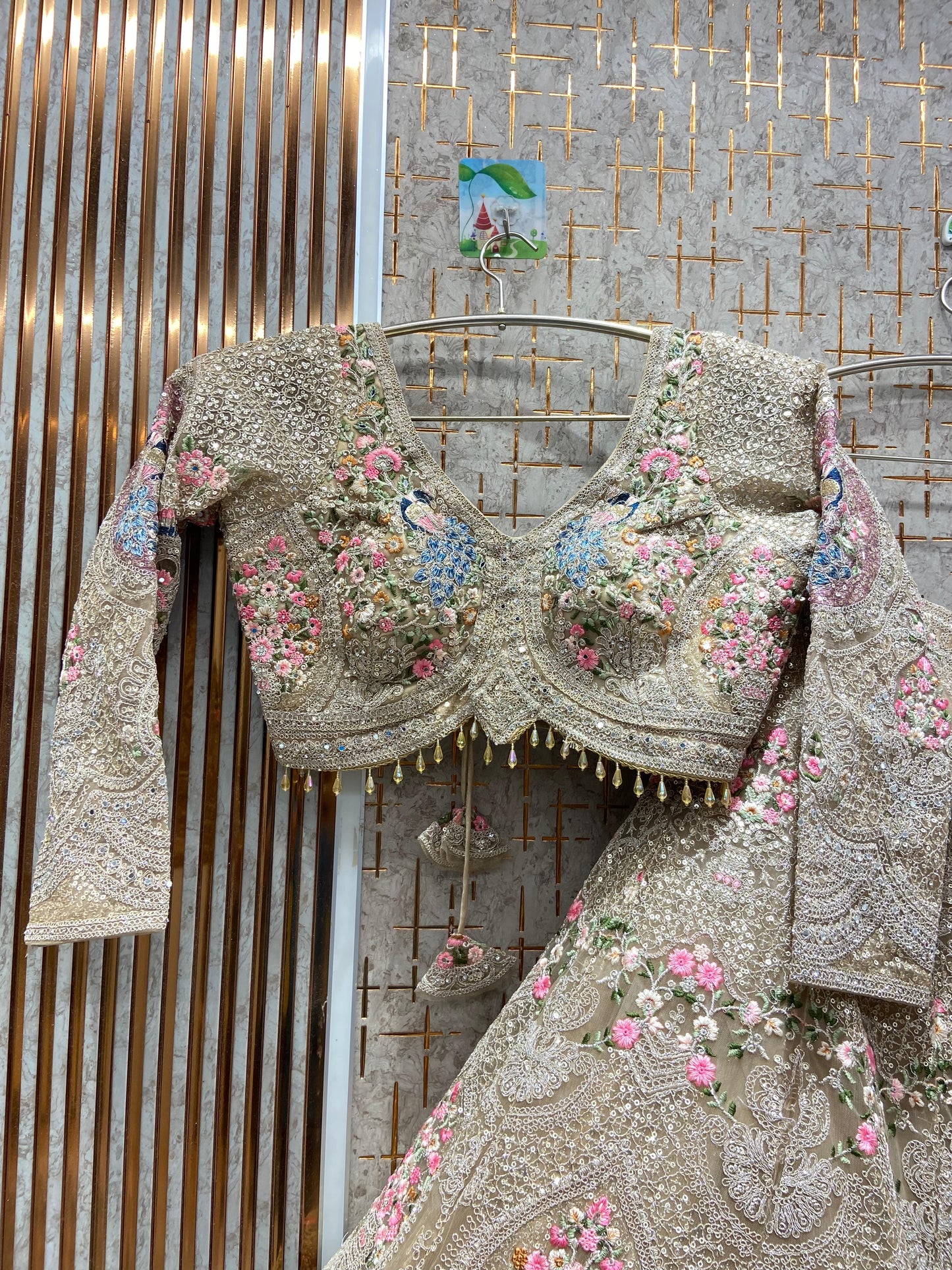 Majestic pista green circle peacock crop top Lehenga