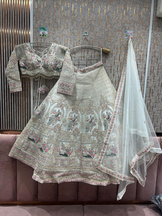 Designer white sky blue peacock crop top Lehenga