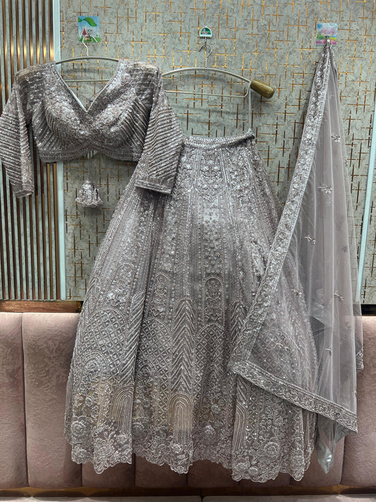 Good looking grey silver beige monotone crop top Lehenga