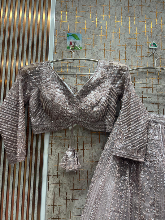 Good looking grey silver beige monotone crop top Lehenga