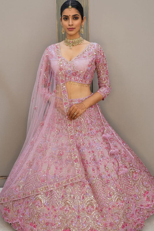 Girlish pink beads crop top Ready to wear Lehenga