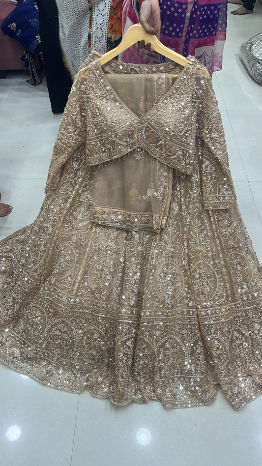 Latest Trendy Beige golden crop top Lehenga