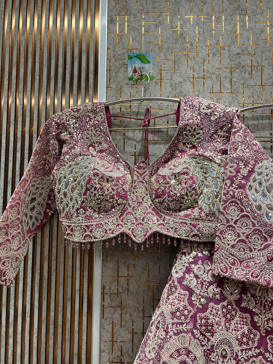 Designer peacock pink crop top Lehenga