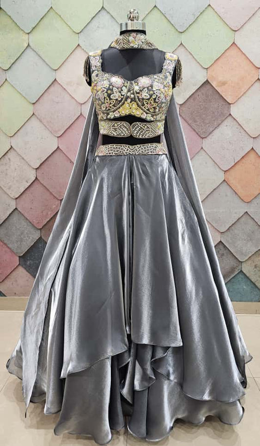 Lavishing grey silver organza crop top Lehenga