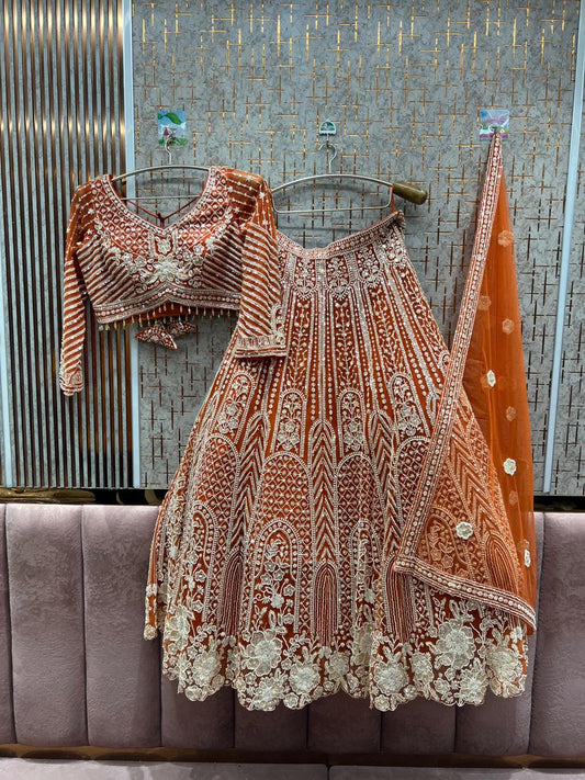 Embellished orange crop top Lehenga