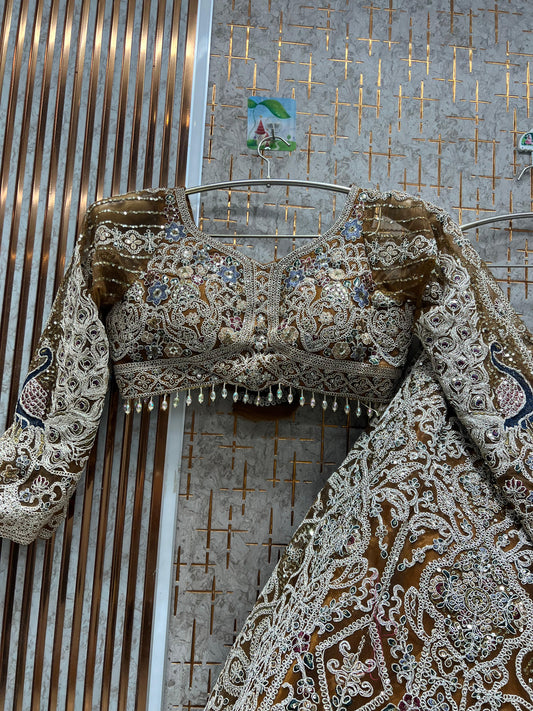 Designer mustard peacock crop top Lehenga