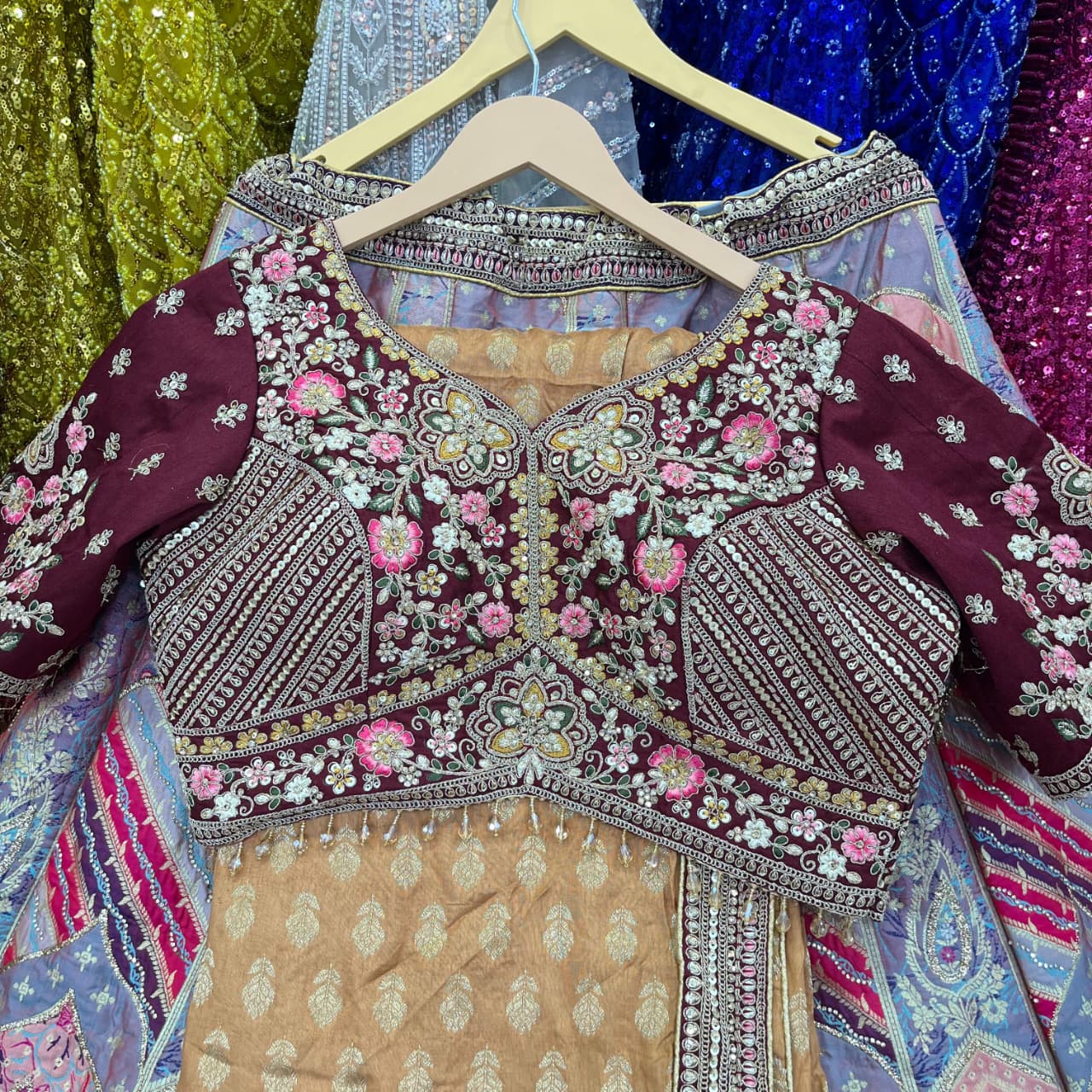 Designer Celebrity Inspired Baby pink Multicolour crop top Lehenga