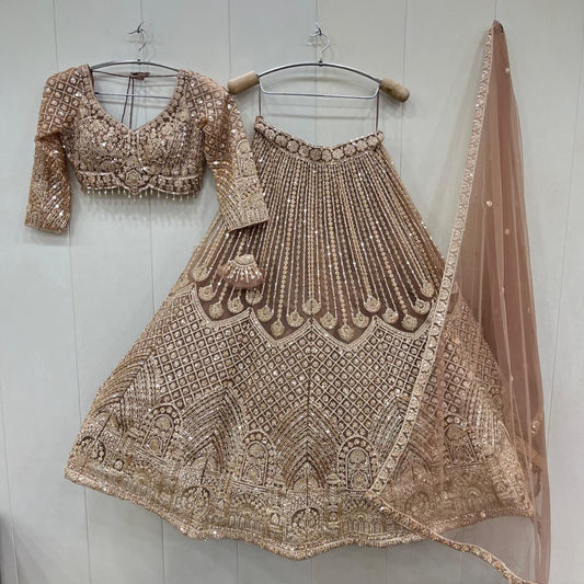 Stunning Beige mustard handwork peach crop top Lehenga