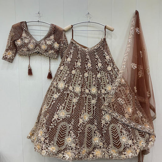 Embellished mustard Brown crop top Lehenga