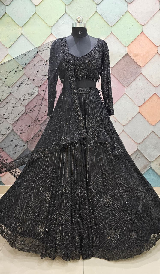 Tremendous Black on Black  monotone crop top Lehenga