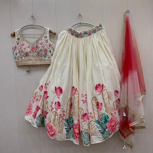 Beautiful white Flower print crop top Lehenga