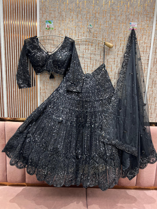 Khoobsurat Black on Black monotone crop top Lehenga