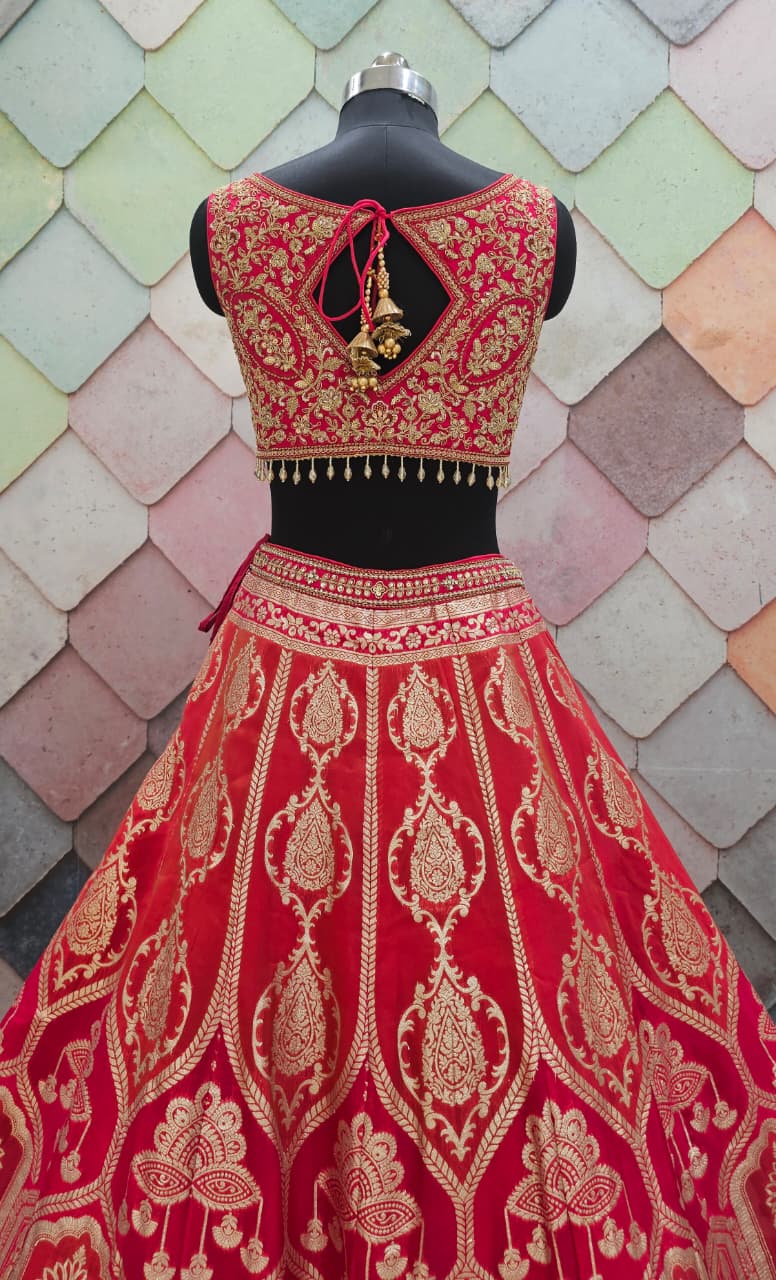 Delightful Banarasi Mehendi green crop top Lehenga