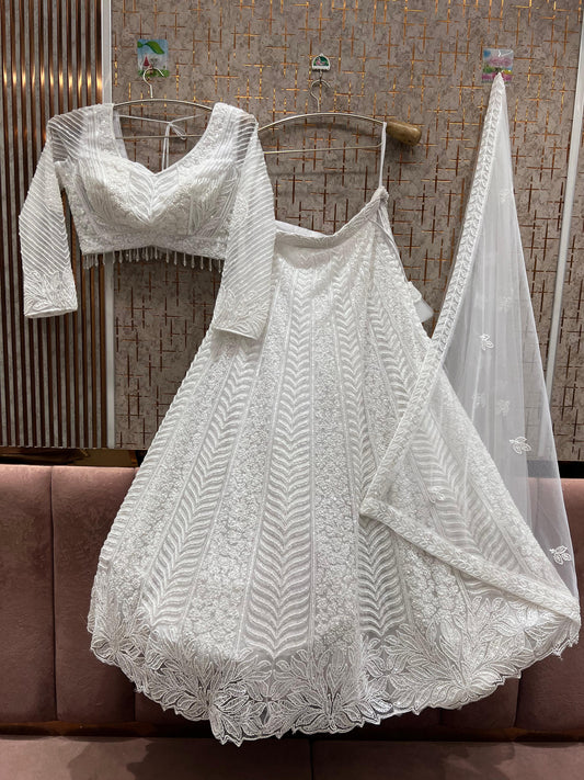 Embellished White monotone crop top Lehenga