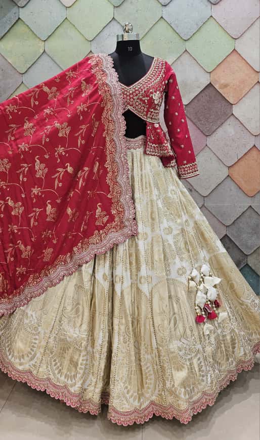 Pure Khankheeb banarsi white pink crop top lehenga