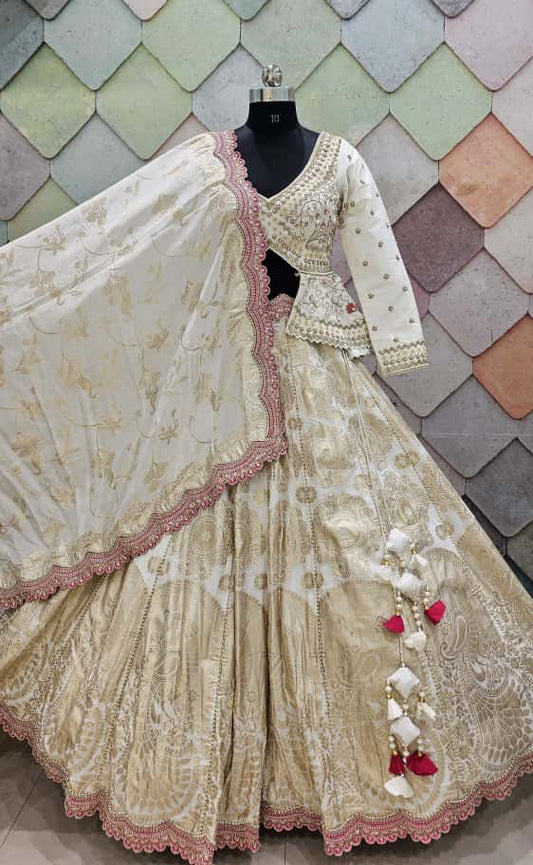 Pure Khankheeb banarsi white crop top lehenga