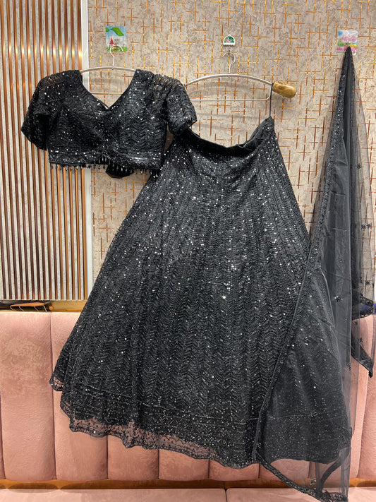 Glamorous Black on black monotone Crop Top Lehenga