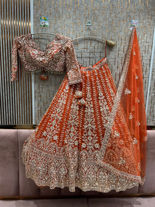 Embellished Orange crop top Lehenga