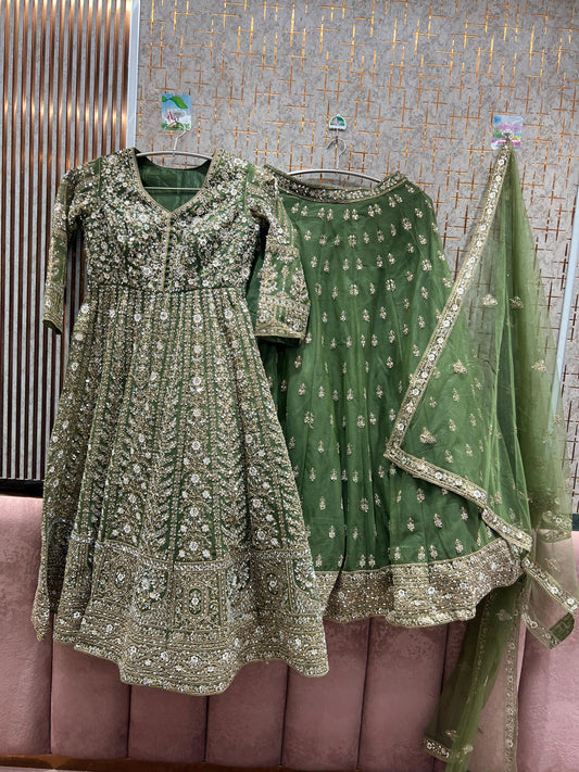 Designer pista green Peplum long Dress Farshi Gaharara Bridal Dress Muslim Special